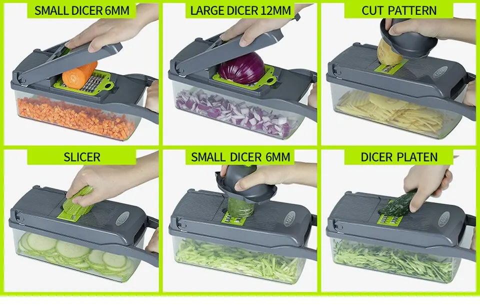 12-in-1 Groentesnijder met Opvangmand - Groen/Zwart